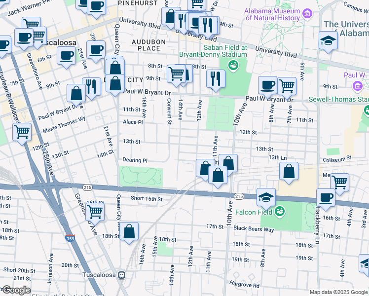 map of restaurants, bars, coffee shops, grocery stores, and more near 1219 13th Street in Tuscaloosa
