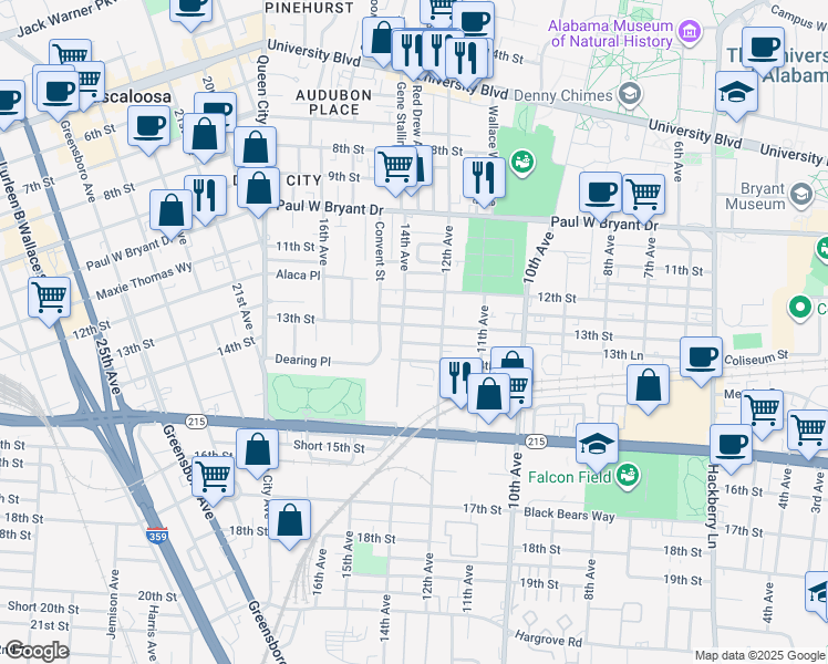 map of restaurants, bars, coffee shops, grocery stores, and more near 1219 13th Street in Tuscaloosa