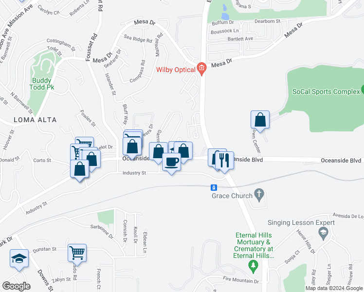 map of restaurants, bars, coffee shops, grocery stores, and more near 3030 Oceanside Boulevard in Oceanside