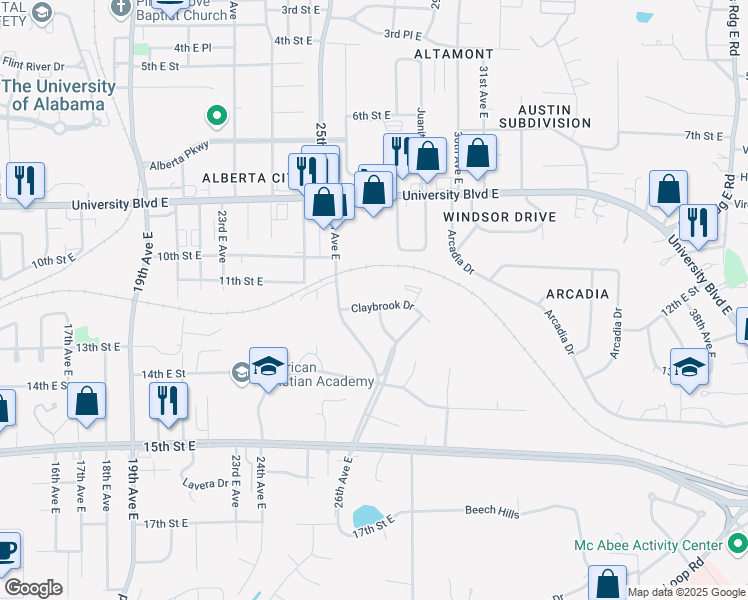map of restaurants, bars, coffee shops, grocery stores, and more near 354 Claybrook Drive in Tuscaloosa
