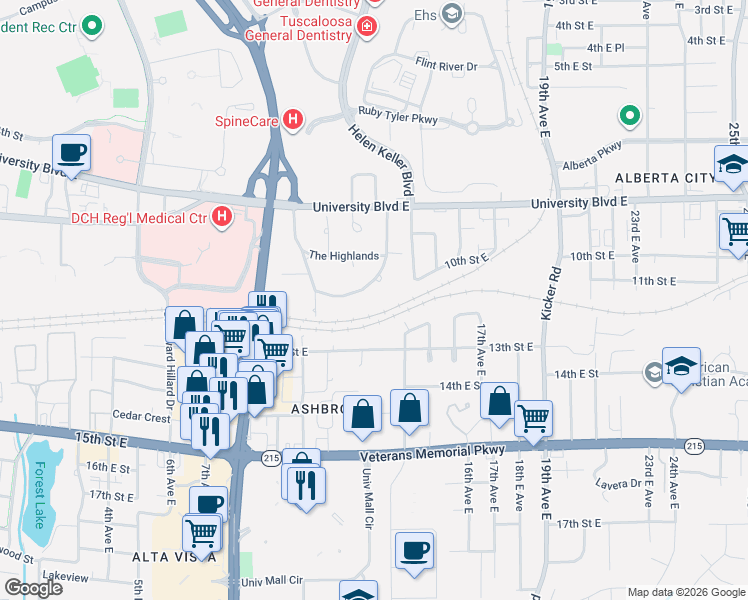 map of restaurants, bars, coffee shops, grocery stores, and more near 80 The Highlands in Tuscaloosa