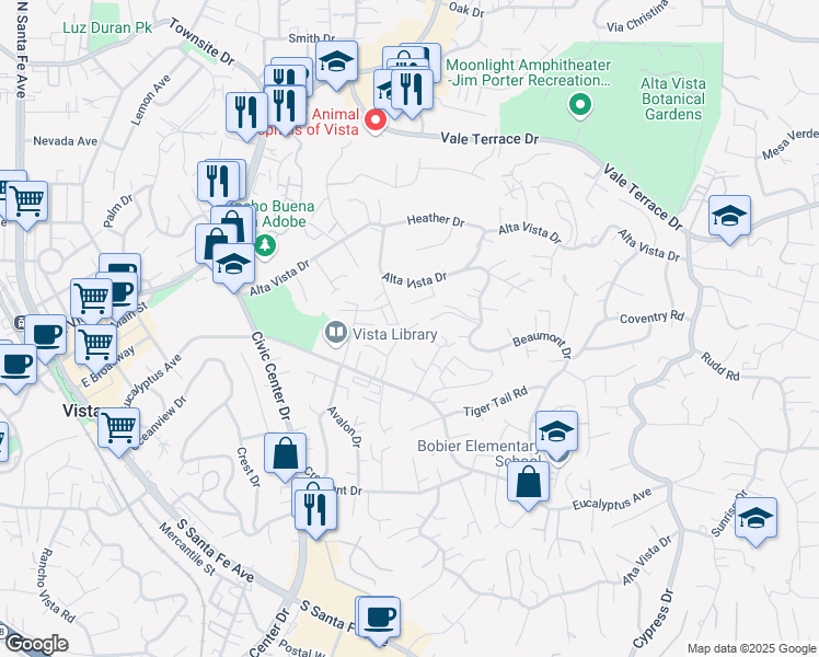 map of restaurants, bars, coffee shops, grocery stores, and more near 200 Vista Glen Lane in Vista