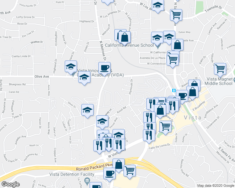 map of restaurants, bars, coffee shops, grocery stores, and more near 370 Ferrara Way in Vista