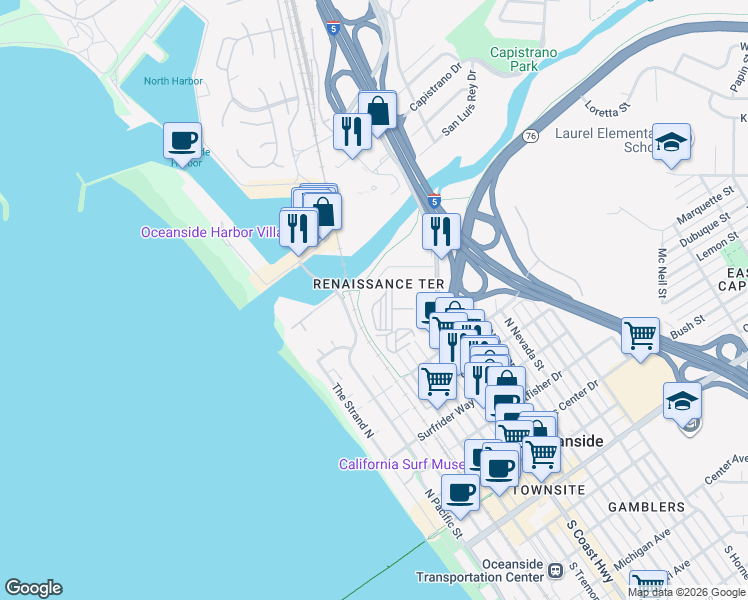 map of restaurants, bars, coffee shops, grocery stores, and more near 1021 Costa Pacifica Way in Oceanside