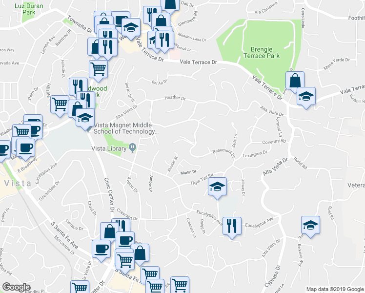 map of restaurants, bars, coffee shops, grocery stores, and more near 223 Beaumont Drive in Vista