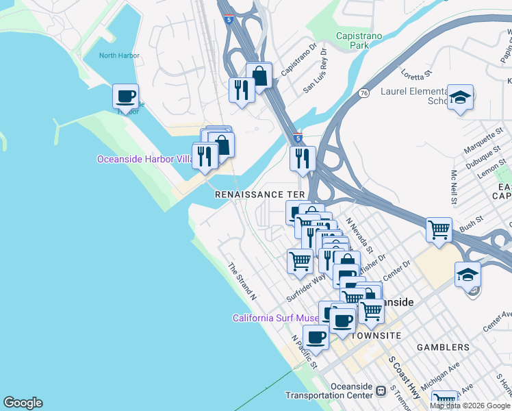 map of restaurants, bars, coffee shops, grocery stores, and more near 1021 Costa Pacifica Way in Oceanside