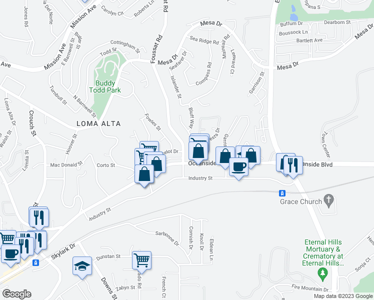 map of restaurants, bars, coffee shops, grocery stores, and more near 444 Foussat Road in Oceanside