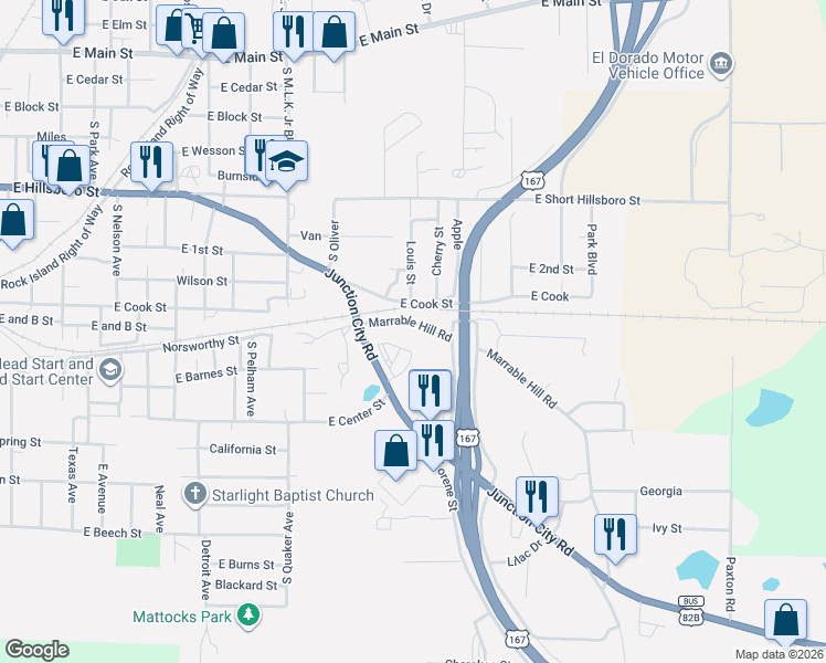 map of restaurants, bars, coffee shops, grocery stores, and more near 305 Marrable Hill Road in El Dorado