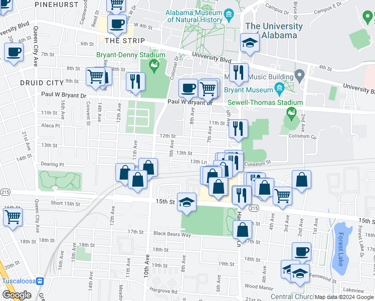 map of restaurants, bars, coffee shops, grocery stores, and more near 800 13th Street in Tuscaloosa