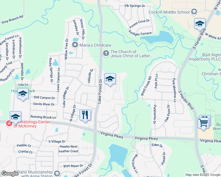 map of restaurants, bars, coffee shops, grocery stores, and more near 600 North Lake Forest Drive in McKinney