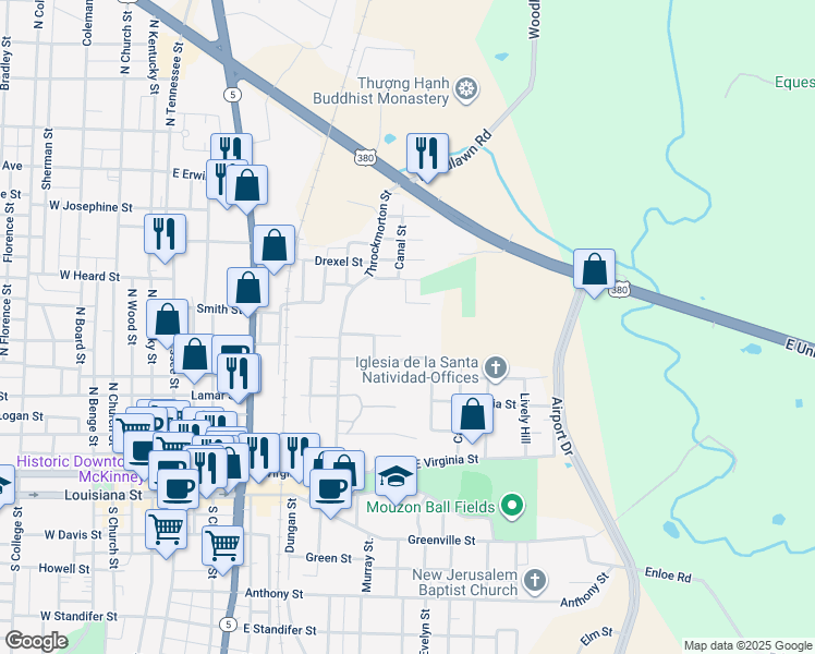 map of restaurants, bars, coffee shops, grocery stores, and more near 702 Fenet Street in McKinney