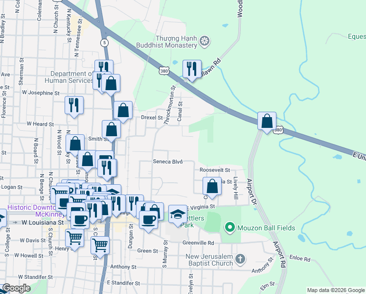 map of restaurants, bars, coffee shops, grocery stores, and more near 702 Fenet Street in McKinney