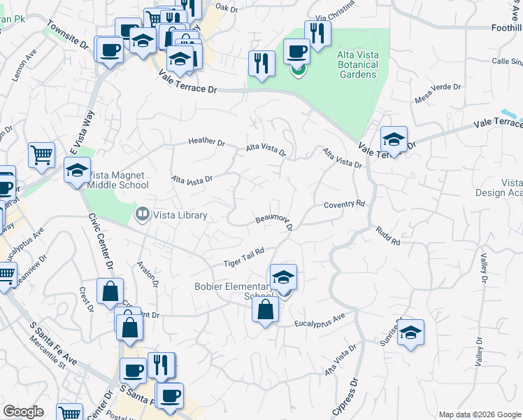 map of restaurants, bars, coffee shops, grocery stores, and more near 338 Beaumont Drive in Vista
