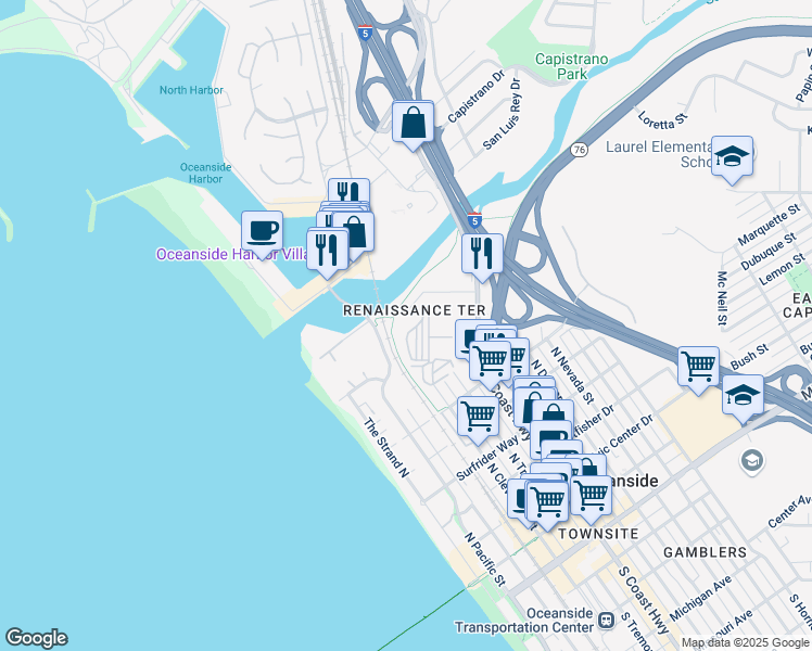 map of restaurants, bars, coffee shops, grocery stores, and more near 1021 Costa Pacifica Way in Oceanside