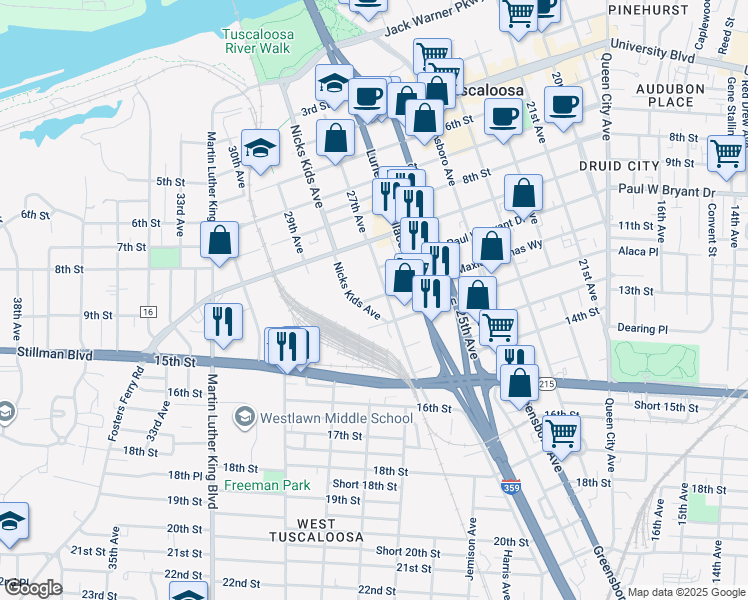 map of restaurants, bars, coffee shops, grocery stores, and more near 1114 Ty Rogers Junior Avenue in Tuscaloosa