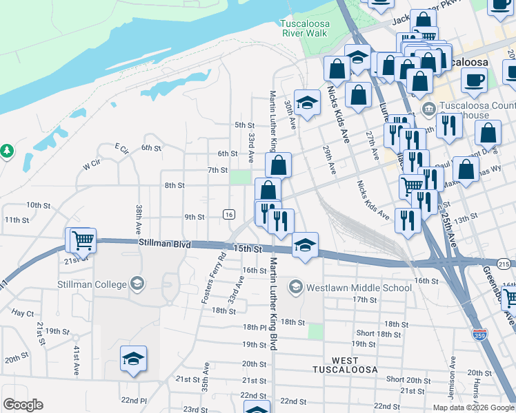 map of restaurants, bars, coffee shops, grocery stores, and more near 827 33rd Avenue in Tuscaloosa