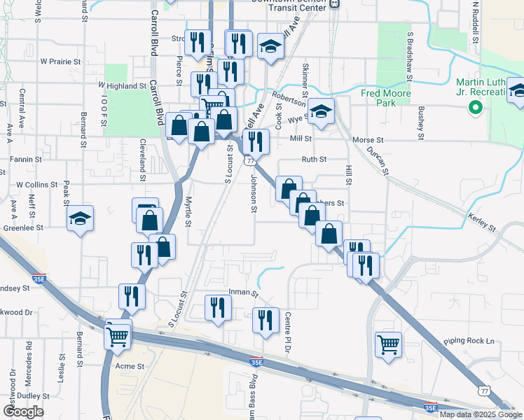 map of restaurants, bars, coffee shops, grocery stores, and more near 1213 Johnson Street in Denton