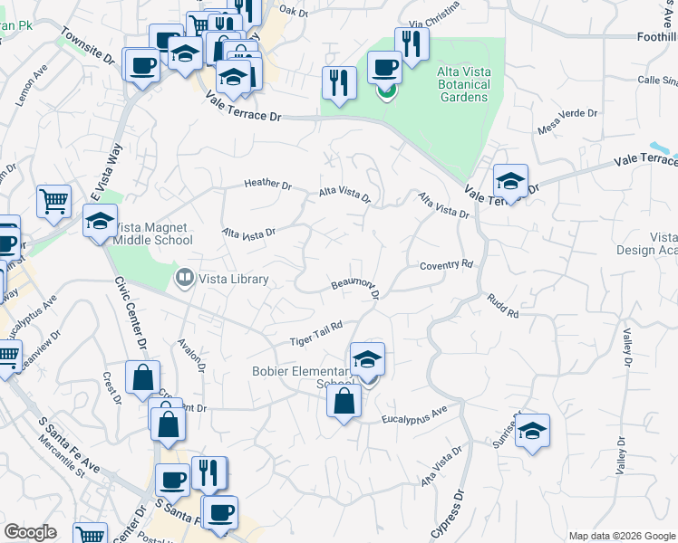map of restaurants, bars, coffee shops, grocery stores, and more near 338 Beaumont Drive in Vista