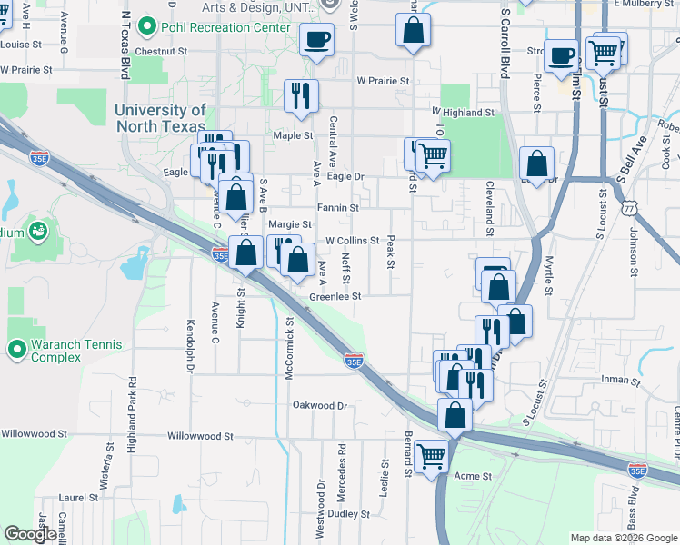 map of restaurants, bars, coffee shops, grocery stores, and more near 1315 Neff Street in Denton