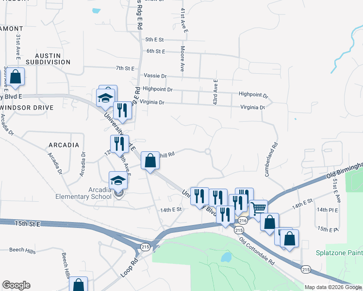 map of restaurants, bars, coffee shops, grocery stores, and more near 4036 Brookhill Road in Tuscaloosa
