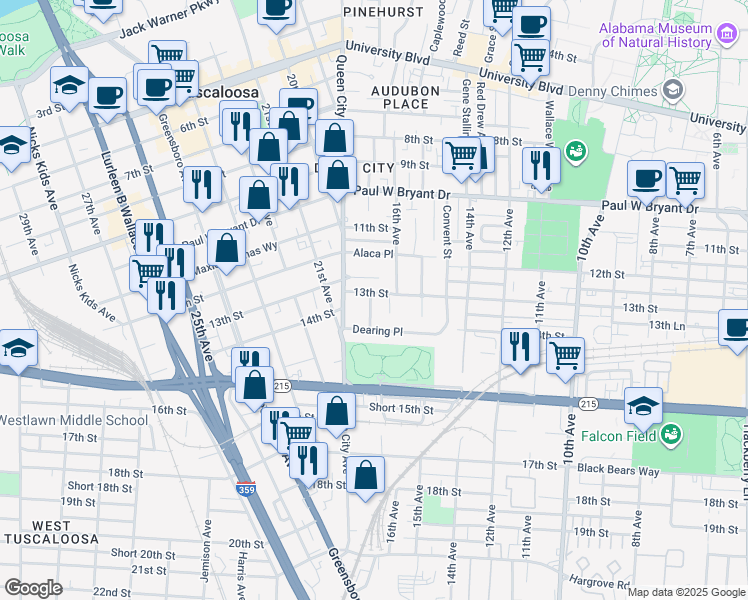 map of restaurants, bars, coffee shops, grocery stores, and more near 1611 13th Street in Tuscaloosa