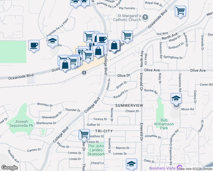 map of restaurants, bars, coffee shops, grocery stores, and more near 2601 Joann Drive in Oceanside