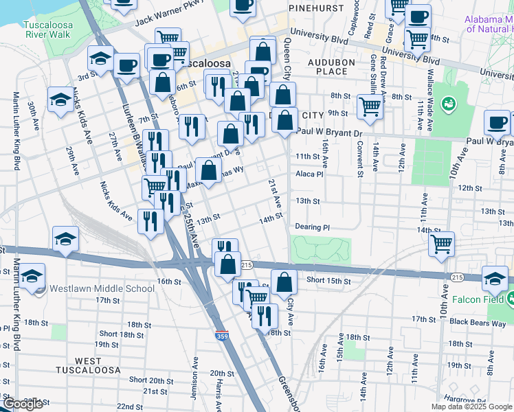 map of restaurants, bars, coffee shops, grocery stores, and more near in Tuscaloosa