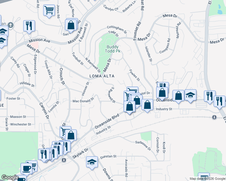 map of restaurants, bars, coffee shops, grocery stores, and more near 310 South Barnwell Street in Oceanside
