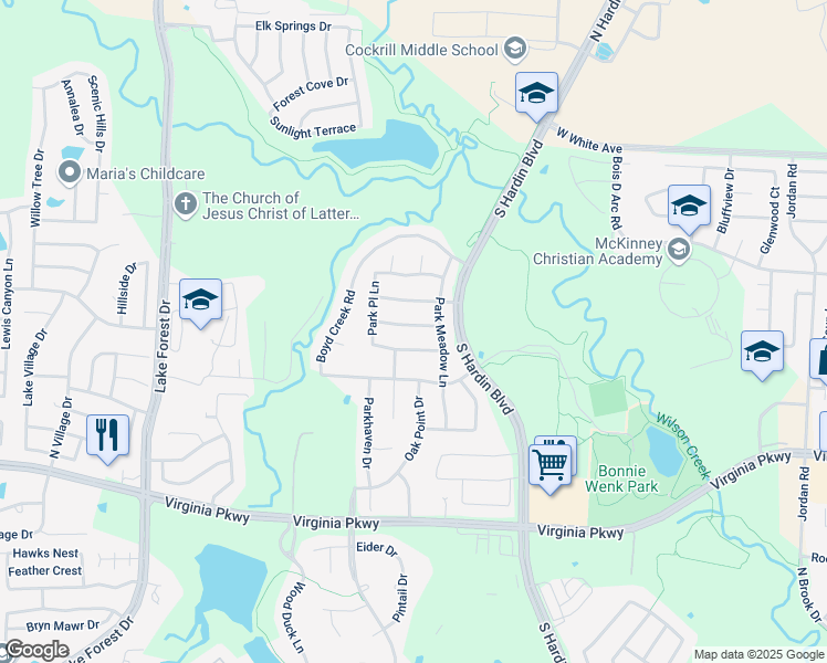 map of restaurants, bars, coffee shops, grocery stores, and more near 4012 Deer Lake Drive in McKinney