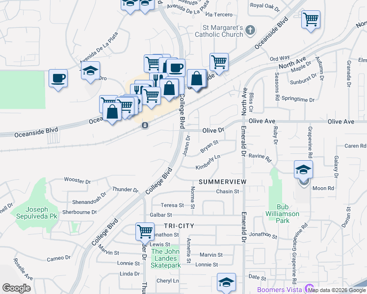 map of restaurants, bars, coffee shops, grocery stores, and more near 2601 Joann Drive in Oceanside