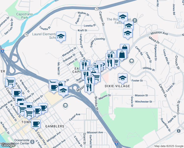 map of restaurants, bars, coffee shops, grocery stores, and more near 218 San Diego Street in Oceanside