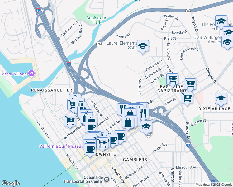 map of restaurants, bars, coffee shops, grocery stores, and more near 750 Harbor Cliff Way in Oceanside