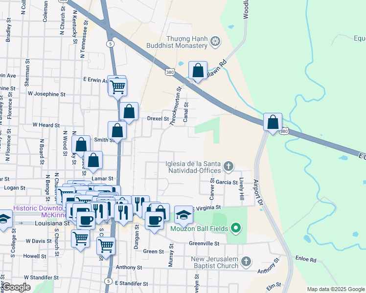 map of restaurants, bars, coffee shops, grocery stores, and more near 702 Fenet Street in McKinney