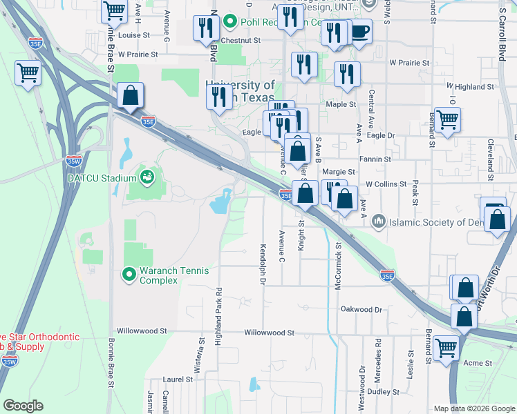 map of restaurants, bars, coffee shops, grocery stores, and more near 1212 Kendolph Drive in Denton