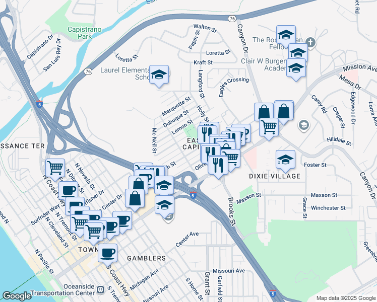 map of restaurants, bars, coffee shops, grocery stores, and more near 1410 Bush Street in Oceanside