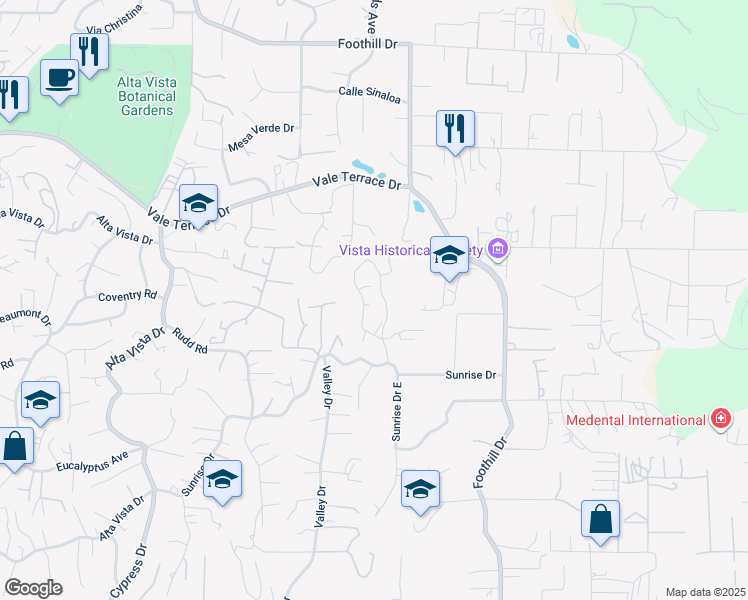 map of restaurants, bars, coffee shops, grocery stores, and more near 326 Sunrise Circle in Vista