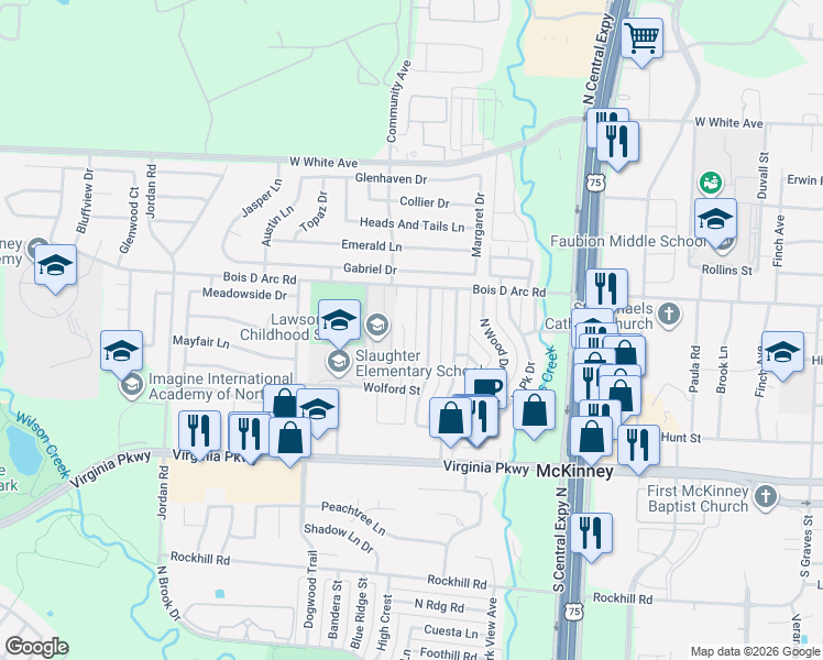 map of restaurants, bars, coffee shops, grocery stores, and more near 250 McCarley Place in McKinney