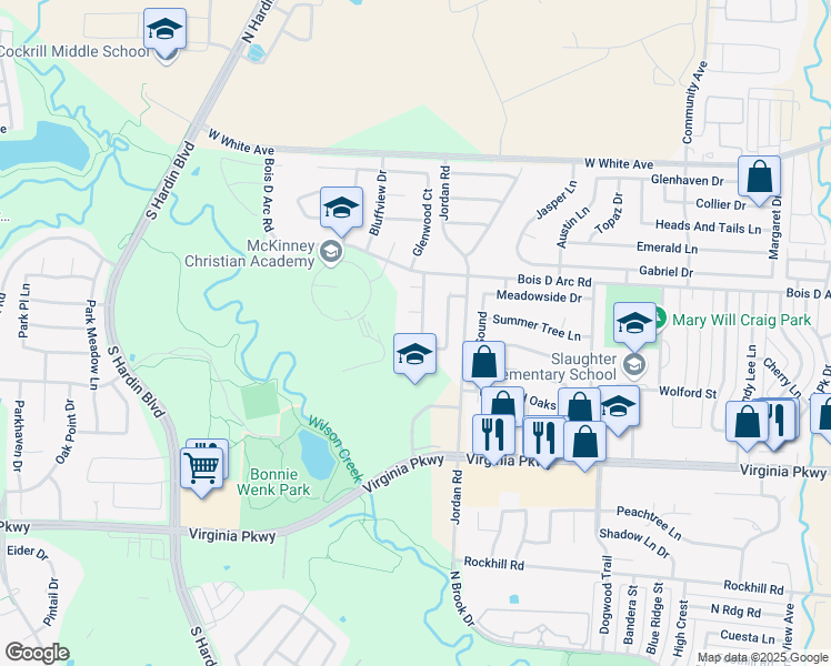 map of restaurants, bars, coffee shops, grocery stores, and more near 405 Ridgeview Trail in McKinney