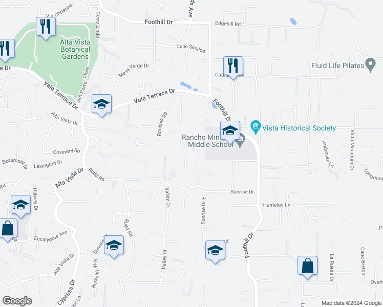 map of restaurants, bars, coffee shops, grocery stores, and more near 326 Sunrise Circle in Vista