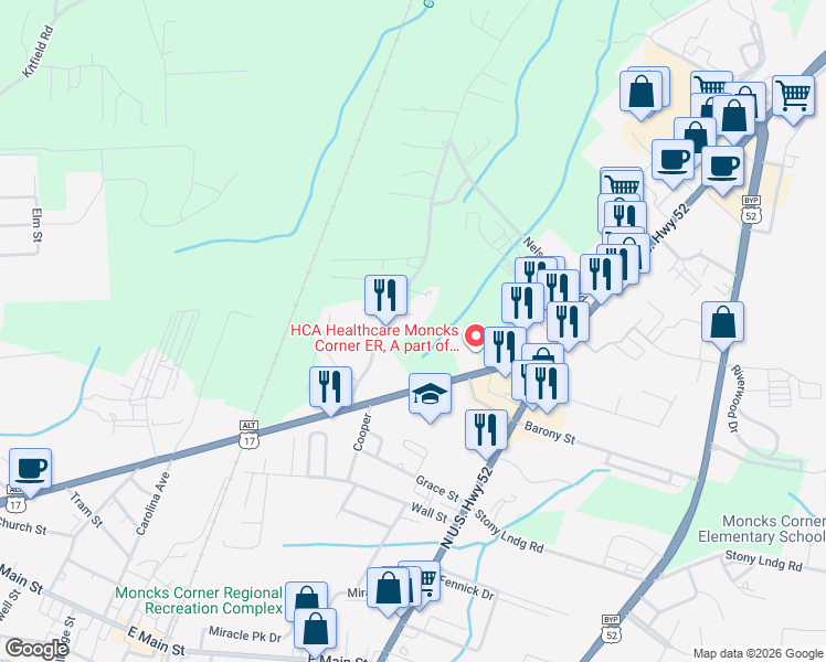 map of restaurants, bars, coffee shops, grocery stores, and more near 116 McTee Lane in Moncks Corner