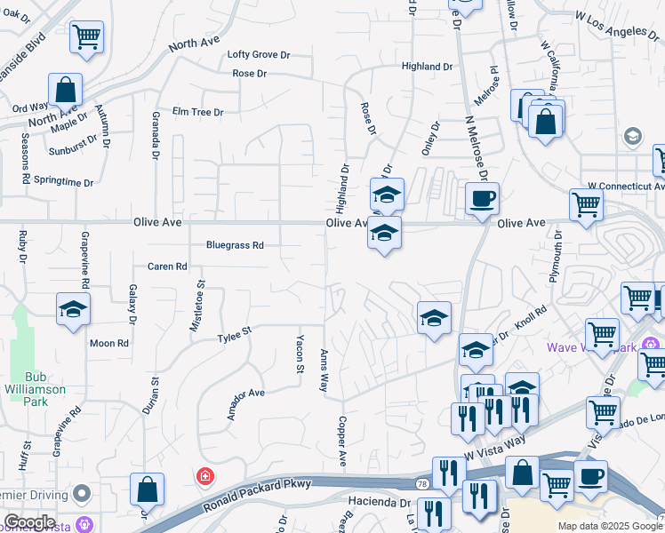 map of restaurants, bars, coffee shops, grocery stores, and more near 801 Anns Way in Vista