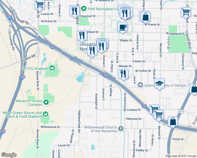 map of restaurants, bars, coffee shops, grocery stores, and more near 1212 Kendolph Drive in Denton