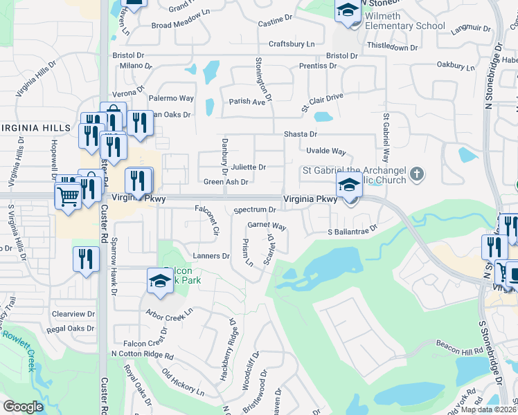 map of restaurants, bars, coffee shops, grocery stores, and more near 8415 Spectrum Drive in McKinney