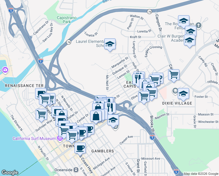 map of restaurants, bars, coffee shops, grocery stores, and more near 1301 Higgins Street in Oceanside