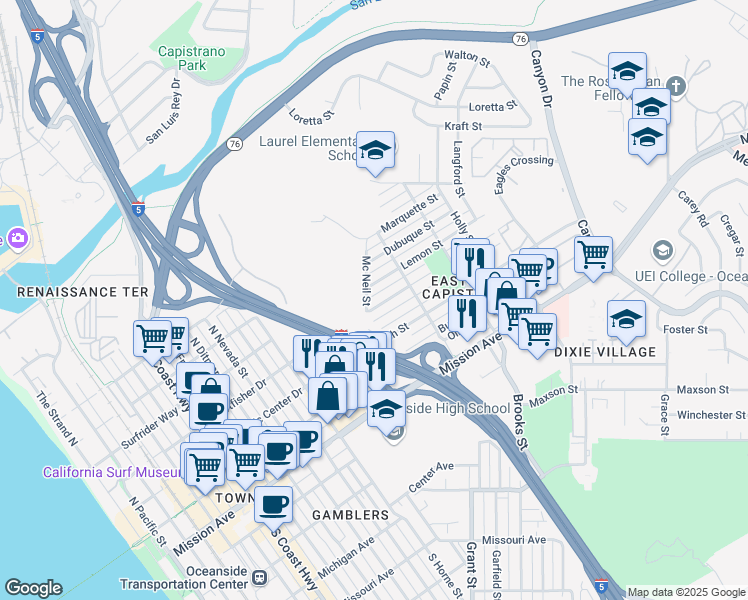 map of restaurants, bars, coffee shops, grocery stores, and more near 1301 Higgins Street in Oceanside