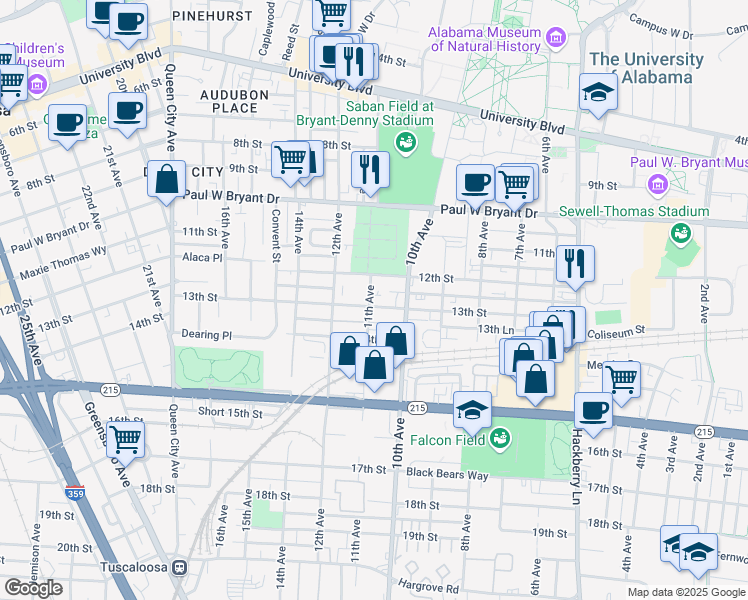 map of restaurants, bars, coffee shops, grocery stores, and more near 1308 11th Avenue in Tuscaloosa