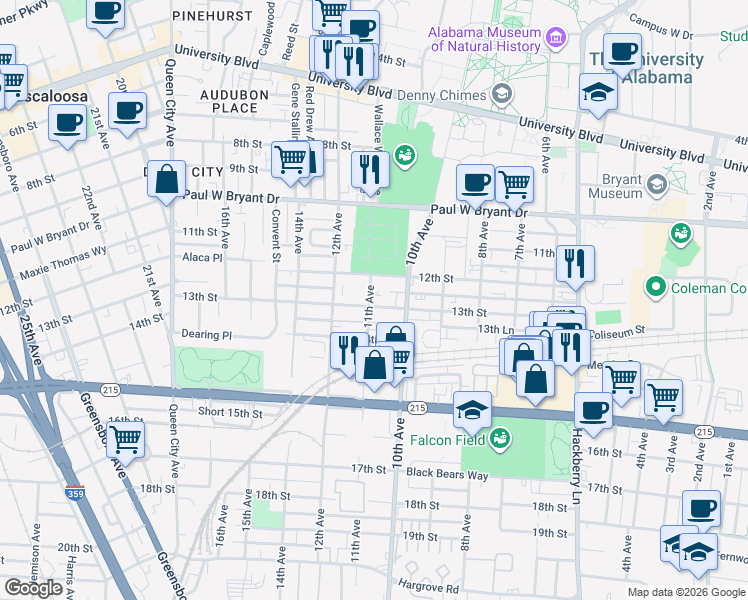 map of restaurants, bars, coffee shops, grocery stores, and more near 1308 11th Avenue in Tuscaloosa
