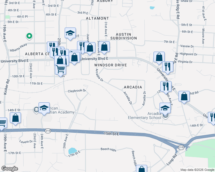 map of restaurants, bars, coffee shops, grocery stores, and more near 3103 Arcadia Drive in Tuscaloosa