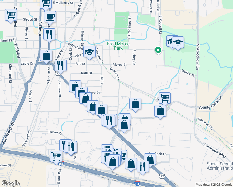 map of restaurants, bars, coffee shops, grocery stores, and more near 626 Smith Street in Denton