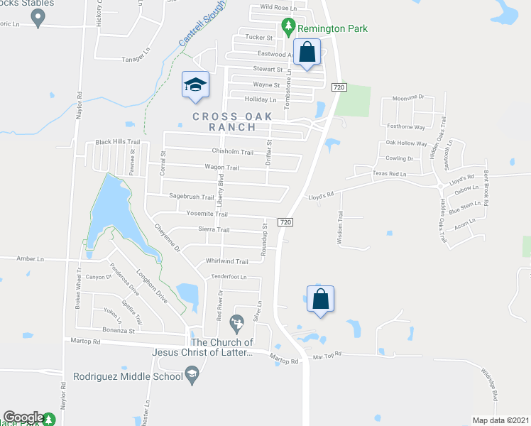 map of restaurants, bars, coffee shops, grocery stores, and more near 9001 Yosemite Trail in Aubrey